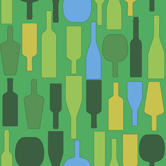 Seamless vector pattern. A lot of colored bottles arranged randomly. The pattern is suitable for decoration of bars, restaurants and menus.