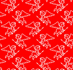Fototapeta na wymiar Seamless love pattern with white cupid on a red background. Vector Amor illustration for a card on Valentine's Day. Wedding decoration with an angel.
