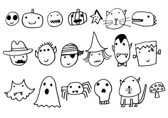 A set of cute characters for Halloween: vampire, witch, monster, zombie, mummy, bat, cat, pirat, devil, frankenstein, ghost, mask, owl, pumpkin, skull, spider. Made of hand drawing. Children's style.