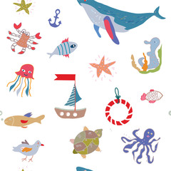 Sea life seamless pattern with funny design