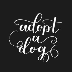 Dog adoption hand written lettering. Brush lettering quote about the dog Adopt a dog . Vector motivational saying with white ink on black isolated background.