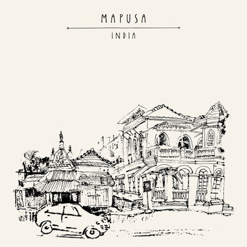 Mapusa, Goa, India. Artistic drawing on paper. Travel sketch. Vintage hand drawn postcard template