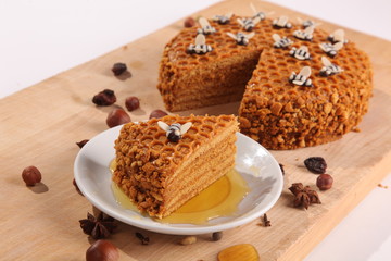 Honey pie on a wooden cutting board