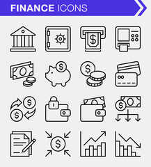 Set of pixel perfect finance and banking icons for mobile apps and web design.
