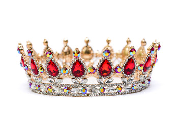 Gold crown of queen with red and white jewel of precious stones. © Kryuchka Yaroslav