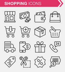 Set of pixel perfect e-commerce and shopping icons for mobile apps and web design.