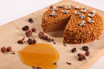 Honey pie on a wooden cutting board