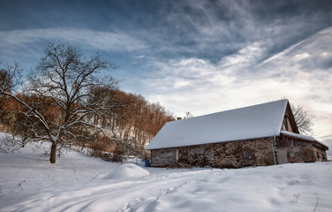 Village Farm House in Winter Season and Snow Trails with Tree and Blue Winter Sky