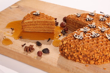 Honey pie on a wooden cutting board