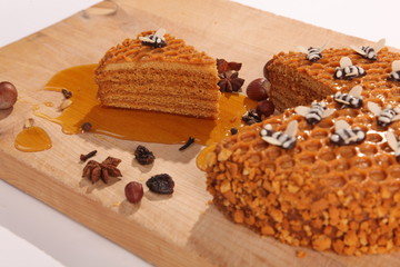 Honey pie on a wooden cutting board