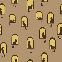 seamless pattern with cats sitting in the windows