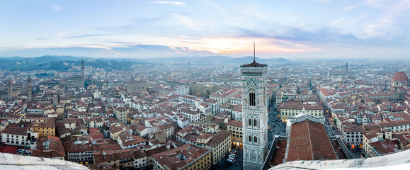 Panoramic sunset from the Dome of Florence Cathedral with Giotto’s Campanile Bell Tower, Tuscany Italy.