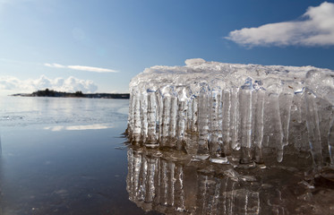 The ice floe on the shore of Lake Ladoga in the spring