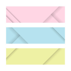 Material design banners. Set of modern colorful horizontal vector banners. Pink, blue and yellow page headers. Can be used as a trendy business template or in a web design. Vector illustration.