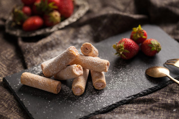 Strawberry cut snack filling strawberry cream decorated with fresh strawberry fruit