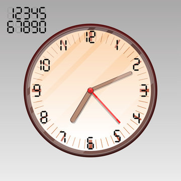 The clock on the wall. Round Dial. The numbers from 1 to 12. The object for design and interior. Vector illustration.