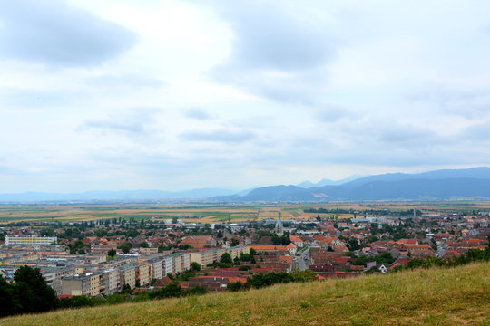 Aerial view. Typical urban landscape in the city Codlea, the largest city in the Burzenland historic region.