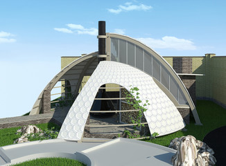 Modern gazebo exterior and alfresco living area, 3D illustration