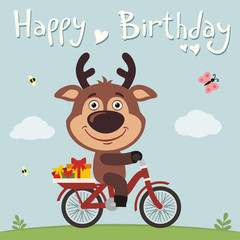 Happy birthday! Funny deer on bike with gifts. Birthday card with cute deer in cartoon style