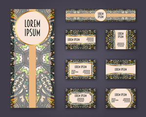 Business cards, invitations and banner template set. Ethnic mandala pattern and ornaments in boho style.