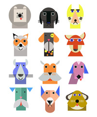 Dogs head icon set,vector flat illustrations. Popular dogs breeds, pattern, card, game graphics. Fun pattern for baby. Happy animals seamless pattern background. Cartoon style animals head. Dogs head