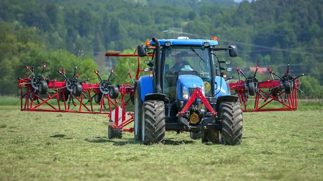 A farmer in a big blue tractor is preparing hay in the summer with the help of a big agricultural machinery. The lawn is really huge.
