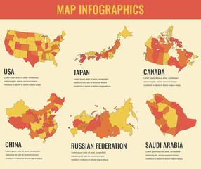 Fototapeta na wymiar Country maps infographic template. USA, Japan, Canada, China, Russia, Saudi Arabia. Selectable territories. Vector