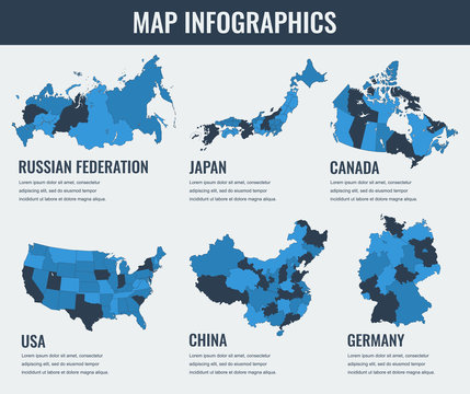 Country maps infographic template. USA, Japan, Canada, China, Russia, Germany. Selectable territories. Vector