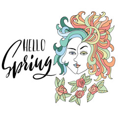 Girl with two faces and flowers. Winter and spring