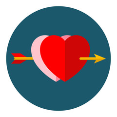 Icono plano corazones con flecha horizontal color en circulo azul