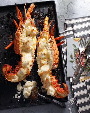 Bistro Meal Of Lobster Thermidor On Table