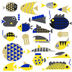 Vector set of marine animals , aquatic animals : whale , fish , algae , fauna, underwater life. Fish, starfish, jellyfish, algae and attributes. Vector flat illustration .