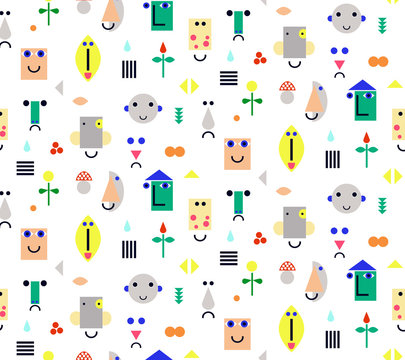 Seamless fun pattern with face, flowers and line. Cartoon children pettern.