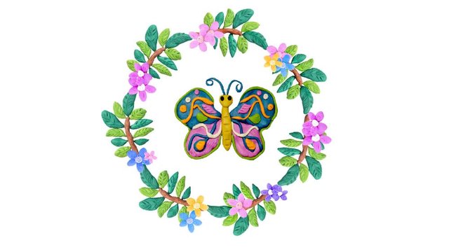 Plasticine  colorful floral frame sculpture with butterfly