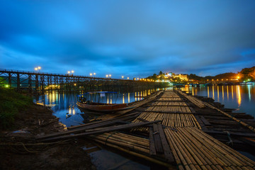 beautiful landscape of bamboo boat pier at night