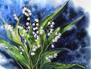 Handwork watercolor illustration with lilies of the valley  bouquet on blue background. - 133896516
