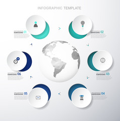 Infographic template with six colorful circles and icons line up