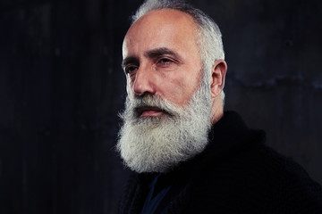 Portrait of stylish handsome male with beard posing in the darkn