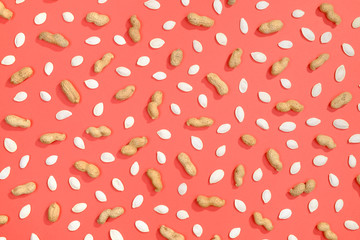 Peanut, pumpkin seeds and cashews flat lay