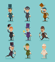 Gentleman Victorian Characters Different Poses and Actions Icons Set Isolated Flat Design Vector Illustration