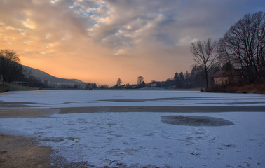 Winter Lake Scene Sunrise with House and Tree