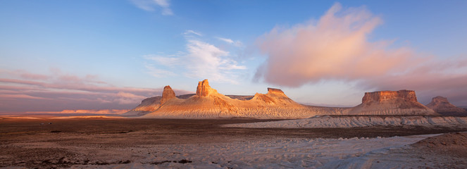 The Thumb Formation on Plateau Ustyurt in Kazakhstan at sunrise. - obrazy, fototapety, plakaty