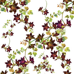 Watercolor painting of leaf and flowers, seamless pattern on white background