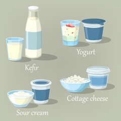 Yogurt and kefir, cottage cheese with sour cream - obrazy, fototapety, plakaty