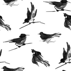 Watercolor ink sumi-e bird seamless pattern