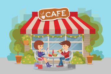 Obraz na płótnie Canvas Girl and boy eating fast food. Vector illustration of a people at table with sandwiches drinks.