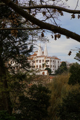 Fototapeta na wymiar Blick auf Palácio Nacional de Sintra mit den zwei konischen Küchenschornsteinen, in Sintra.