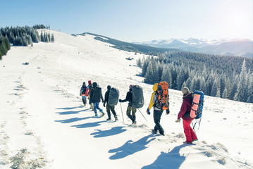 group of tourists walking on tsnow in mountains