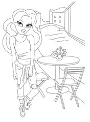 Coloring page with fashion girl.