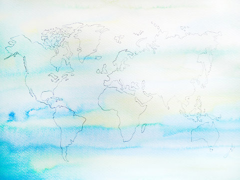 process of world map watercolor painting hand drawn artwork design